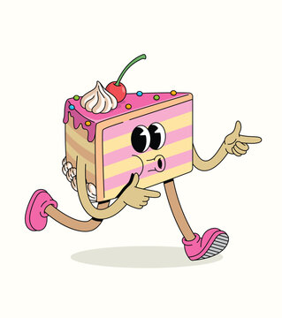 cake slice energetic walk groovy cartoon illustration