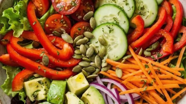 A vibrant and appetizing close-up of a fresh, colorful salad overflowing with an assortment of healthy ingredients. The bowl features crisp green lettuce, juicy halved cherry tomatoes, refreshing cucu
