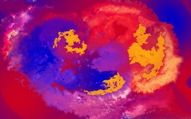 Dynamic abstract painting with explosive purple and orange brushstrokes