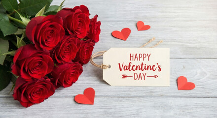 A bouquet of red roses with a Happy Valentine's Day tag.