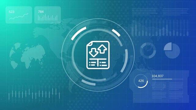 Blue digital technology background with document transfer icon showing up and down arrows for financial data cash flow finance