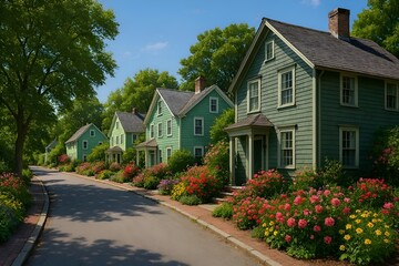 Charming Green Houses Lined With Colorful Flowers Along A Winding Road