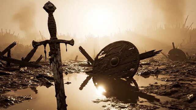 Cinematic Aftermath: Shattered Armor and Weapons in Misty Swamp
