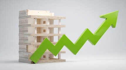 Abstract 3D rendering of a rising wooden building model with a green upward trending arrow on a clean white background.