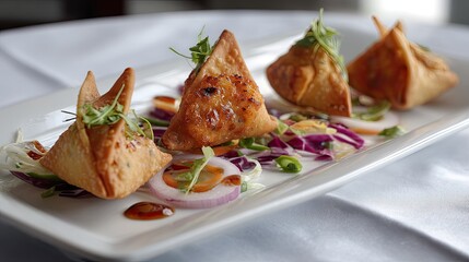 Deliciously Crispy Indian Samosas Served with Fresh Vegetables and Sauce on a White Plate