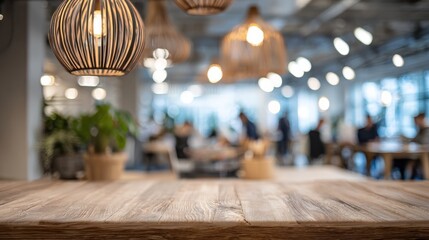 modern workspace with wooden table in foreground stylish pendant lights hanging above and blurred background of collaborative office environment filled with people working