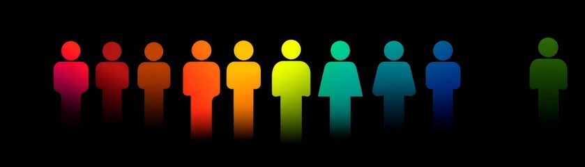Row of diverse abstract people icons in gradient rainbow colors standing against a dark background, symbolizing community, inclusion, and diversity.