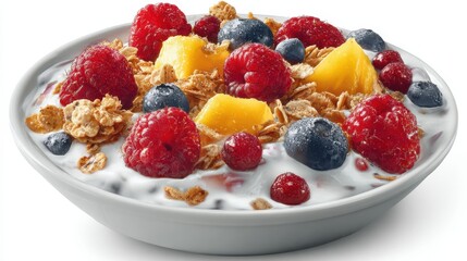 yogurt dish containing raspberry blueberry mango and granola nutritious meal assembly