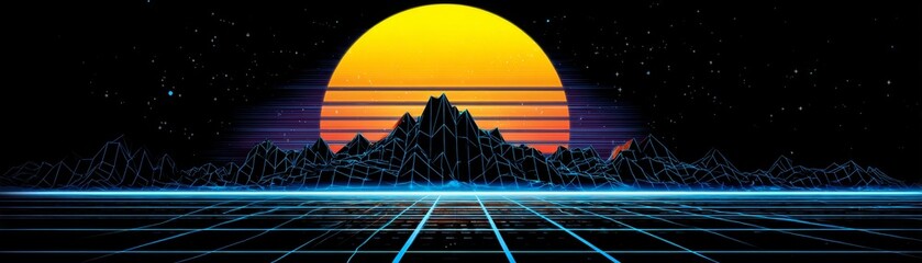 Vibrant retro-futuristic digital landscape featuring wireframe mountains, a glowing sun, and a blue grid ground plane in a synthwave style.