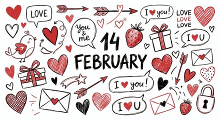 A vibrant collection of doodle icons celebrating Valentine's Day on white.