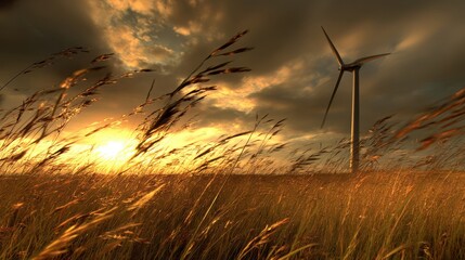 Golden hour sun illuminates a field of tall grass with a wind turbine against a dramatic, cloudy sky, symbolizing renewable energy and environmental sustainability.