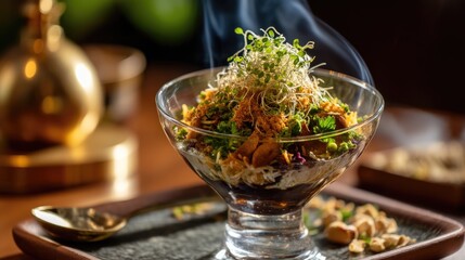 Fresh Herbal Salad with Sprouts and Nuts Served in Elegant Glass Bowl on Wooden Tray