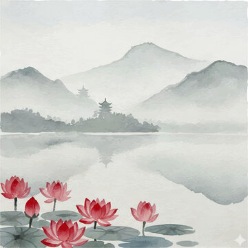 Minimalist Oriental Watercolor Landscape with Red Lotus and Misty Mountains
