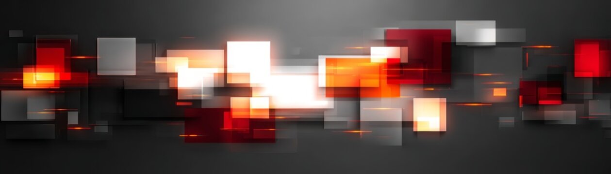 Modern abstract background with glowing red, orange, white, and gray geometric squares creating a dynamic digital flow and futuristic design.