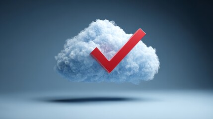 Red checkmark symbol on a fluffy white cloud, conceptualizing successful cloud computing or data storage.