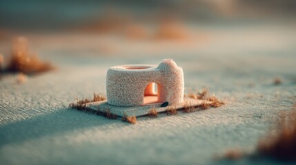 Minimalist miniature architectural structure stands isolated on textured sandy ground with soft desert light and bokeh.