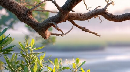 Detailed view of a tree branch with green leaves against a serene natural landscape at sunrise