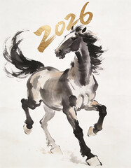 Minimalist traditional Chinese ink painting of a rearing horse with &ldquo;2026&rdquo; in gold calligraphy, elegant brush strokes on white textured paper, refined luxury artistic aesthetic
