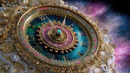 Obraz premium Elegant Antique Clock with Intricate Details Set Against a Cosmic Background of Stars and Nebulae