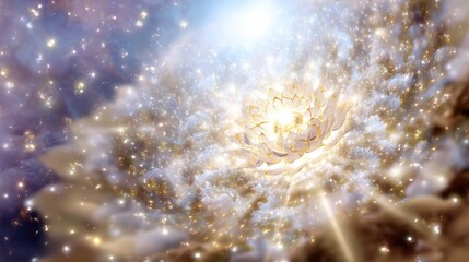 Ethereal Lotus Blossom Surrounded by Cosmic Stars and Dreamy Clouds in a Mystical Universe