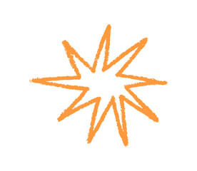 Crayon doodle star. Orange pencil hand drawn firework symbol. Chalk star burst. Crayon graphic design element. Vector illustration isolated on white background.