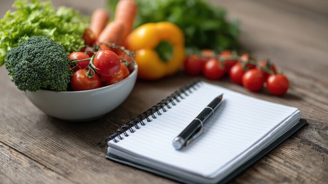 personal nutrition plan in notebook tracks daily bowl of vegetable food while health fitness goals meet target weight through balanced diet choices for wellness journey