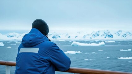 Unrecognizable person on a ship deck looking at a majestic polar landscape. Tourist enjoying an arctic expedition cruise viewing icebergs and snowy mountains in antarctica
