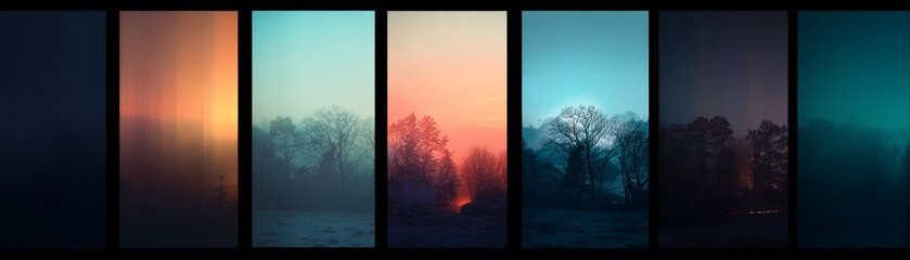 Abstract panoramic view of a foggy forest landscape with bare trees shrouded in mist, illuminated by vibrant sunrise and sunset colors in multiple vertical panels.