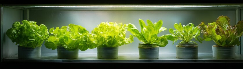 Various types of fresh green lettuce plants growing healthily in individual pots under artificial grow lights in a controlled indoor environment.