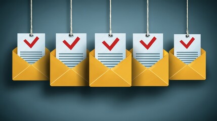 Five golden envelopes containing documents with red checkmarks are hanging from strings against a dark background, representing approval, confirmation, and successful communication.