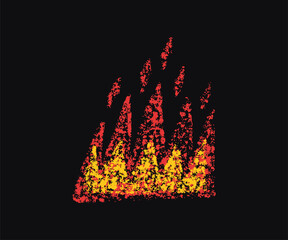 Doodle fire in crayon style. Hand drawn flame with grunge texture. Graphic element for fun collage, sticker. Crayon doodle cartoon fire. Vector pencil illustration isolated on black background.