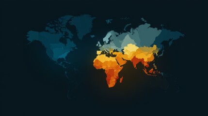 Abstract digital illustration of a world map featuring continents colored in a warm to cool gradient on a dark background, symbolizing global data or interconnected regions.