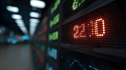 Digital LED display board shows time 22 10 amidst other glowing data screens implying a financial or technology hub
