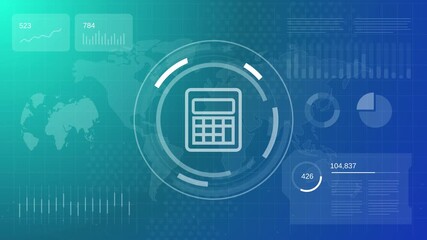 futuristic technology background with rotating calculator icon and data charts for financial accounting concept - Powered by Adobe