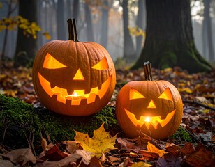 Two carved pumpkins glowing with candlelight on a forest floor