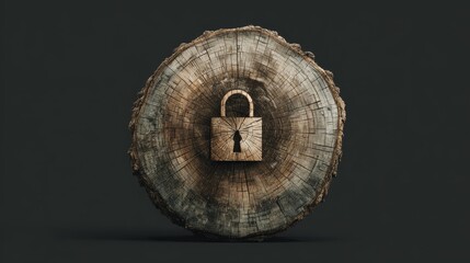 A weathered wooden log cross-section with a vintage brass padlock centrally embedded, set against a stark dark background.