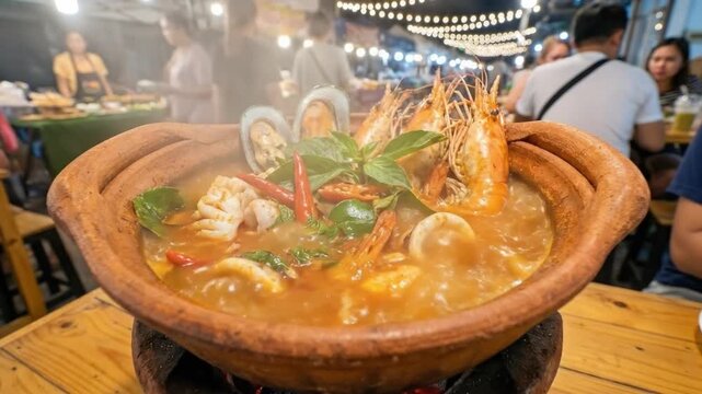 A vibrant, steaming seafood hot pot, packed with prawns, mussels, squid, red chilies, and fresh herbs, simmers on a traditional charcoal stove. The rustic clay pot sits on a wooden table, with blurred