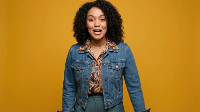 A vibrant studio shot captures a cheerful young adult woman with striking dark, curly hair, radiating positivity against a warm, solid yellow background. Dressed in a stylish denim jacket over a patte