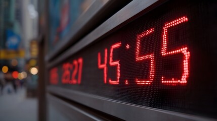 Bright red LED digital numbers glow on an outdoor financial ticker display in a busy city