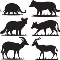 Collection of six animal silhouettes isolated on transparent background