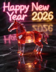 Creative red translucent glass origami horse illuminated from within, placed on dark marble surface with soft neon &ldquo;Happy New Year 2026&rdquo; reflection, elegant modern festive concept