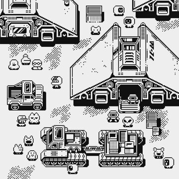 Monochrome pixel art sci fi game scene with futuristic base, vehicles, robots and small characters. Retro 8bit top view environment for indie games, strategy maps, level design, sci fi worlds.