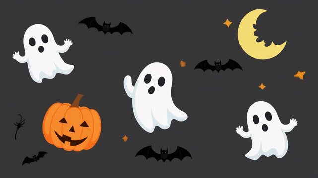 Halloween ghosts and pumpkin illustration on dark background.