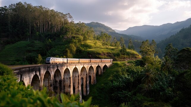 Scenic Train Journey Through Lush Green Hills and Majestic Mountains at Sunset - Powered by Adobe
