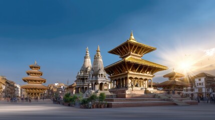 Stunning Ancient Temples Under Golden Light at Sunrise in Kathmandu Valley Nepal