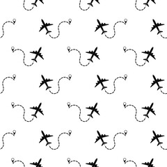 Airplane line path seamless pattern isolated on white background