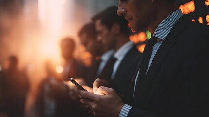 Professionals in suits focused on their smartphones in a dimly lit atmospheric urban setting with glowing lights