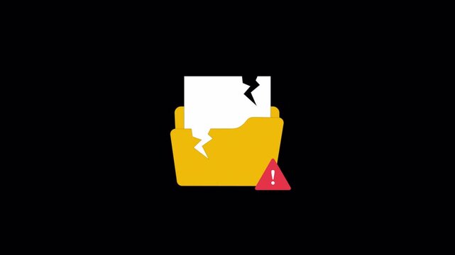 Animated Broken File Folder with Warning Sign. Data Corruption Concept Video - Transparent