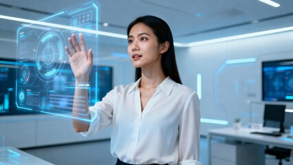 Woman interacting with futuristic holographic interface