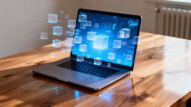 Laptop with digital cubes on screen - Powered by Adobe